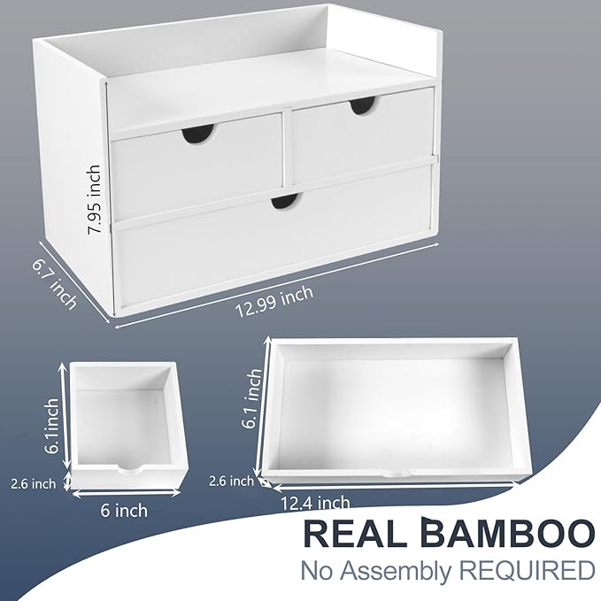 Charmewooden Desk Organizer with Drawers Countertop Drawer Organizer Drawers for Desk Top Home Office Workspace Bathroom Toiletries Supplies (White with shelf) - Image 2