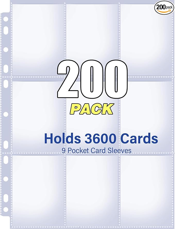 200 Pack 9 Pocket Double Side Card Sleeves Binder Sheets, Holds 3600 Cards, Trading Card Binder Sleeves for 3 Ring Binder, Card Sleeve Pages for Baseball, Football, Business, TCG, Kpop Cards by Unknown