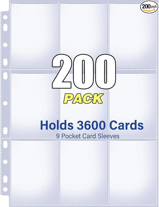 200 Pack 9 Pocket Double Side Card Sleeves Binder Sheets, Holds 3600 Cards, Trading Card Binder Sleeves for 3 Ring Binder, Card Sleeve Pages for Baseball, Football, Business, TCG, Kpop Cards by Unknown