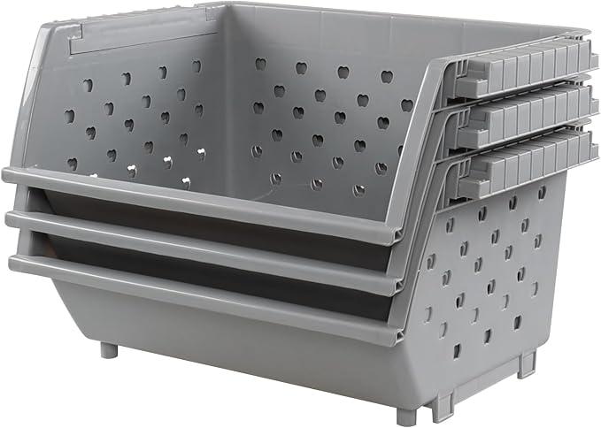 3 Pack Large Open Front Stacking Storage Bins, Plastic Stackable Basket , Gray - Image 2