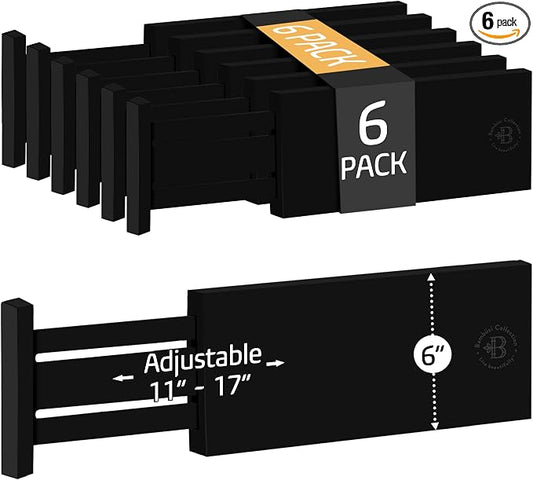 6 Pack Black Drawer Dividers - 6 Inch High for Deep Drawers, Adjustable 11.5 to 17 Inch Expandable Kitchen Drawer Organizer, Spring Loaded Dresser Separator for Clothes, Bedroom, Bathroom, Office by Bamb%C3%BCsi