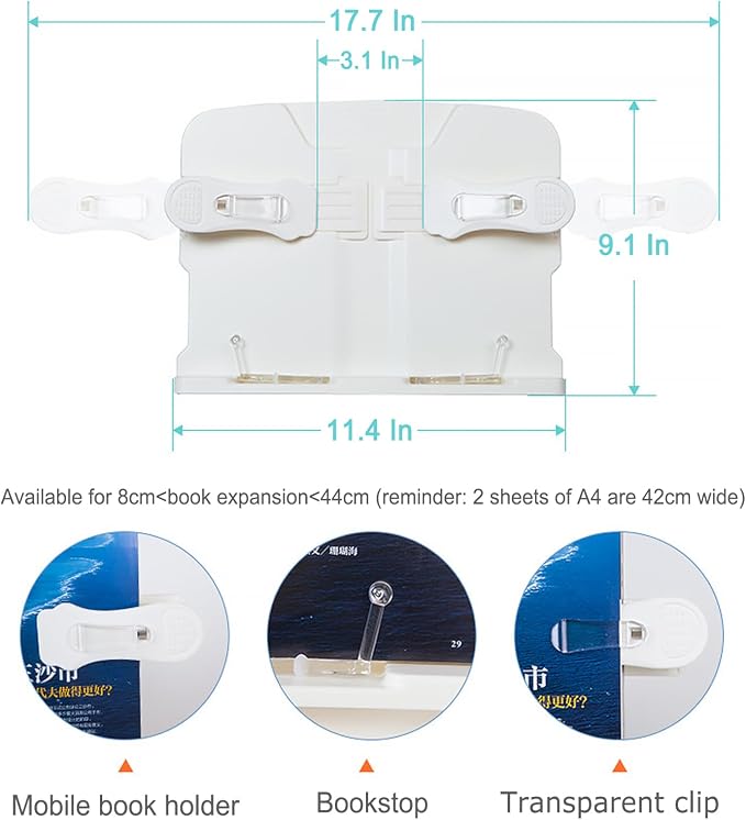 Book Stand for Bedsid, Book Light and 2 Spring Clips, with Phone Holder, Long Arm Table Music Stand, Adjustable Height Angle, for Laptop Phone Tablet, for Cookbooks, Textbooks, Magazines - Image 4