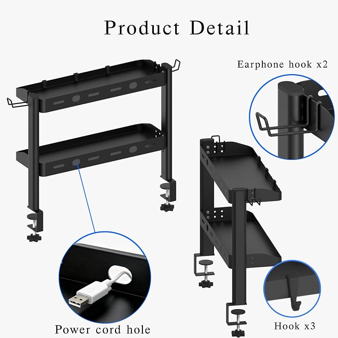 Clamp on Desk Shelf, 17in 2-Tier Office Desk Shelves Organizer, Small Shelf for Top of Desk with Headphone Holder and Hooks, Desktop Storage Rack for Home Workspace, Study Rooms, Gaming Accessories - Image 4