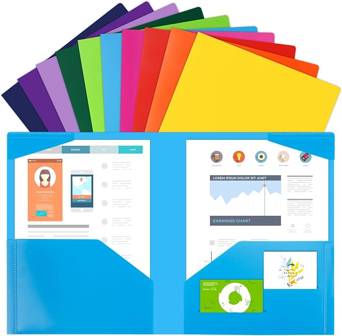 EOOUT 100pcs Plastic Folders with Pockets, Heavy Duty Pocket Folders with 4 Pockets for Office and School, Letter Size, 10 Assorted Colors by EOOUT