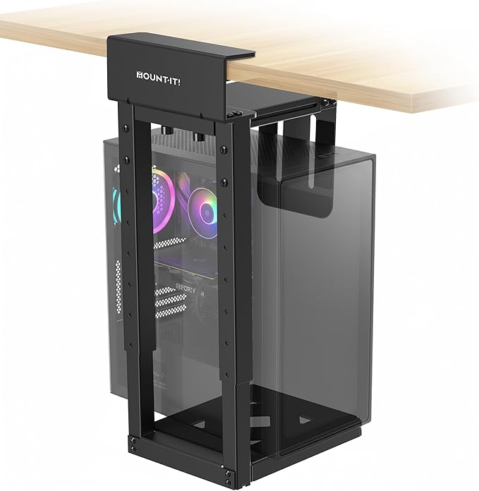 Mount-It! Under Desk PC Mount for Standing Desk, Heavy-Duty Clamp-On CPU Holder, Adjustable Computer Tower Mount for Desk, No-Drill, 66 lb Capacity, Fits Mid & Full Towers by Mount-It