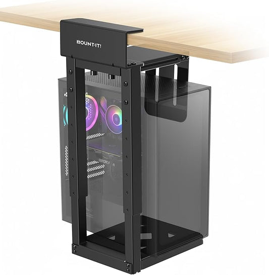 Mount-It! Under Desk PC Mount for Standing Desk, Heavy-Duty Clamp-On CPU Holder, Adjustable Computer Tower Mount for Desk, No-Drill, 66 lb Capacity, Fits Mid & Full Towers by Mount-It