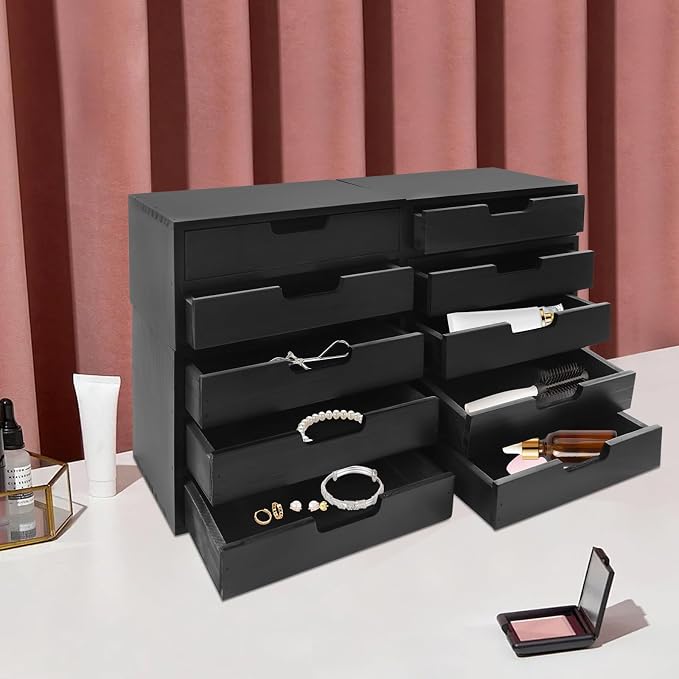 4-Pack Modern Wood Desktop Storage Organizer, 4 Drawer Organizer Library Card Catalog Cabinet, Vintage Wooden Storage Box Apothecary Cabinet for Offices Home School Medicine (Black) - Image 2