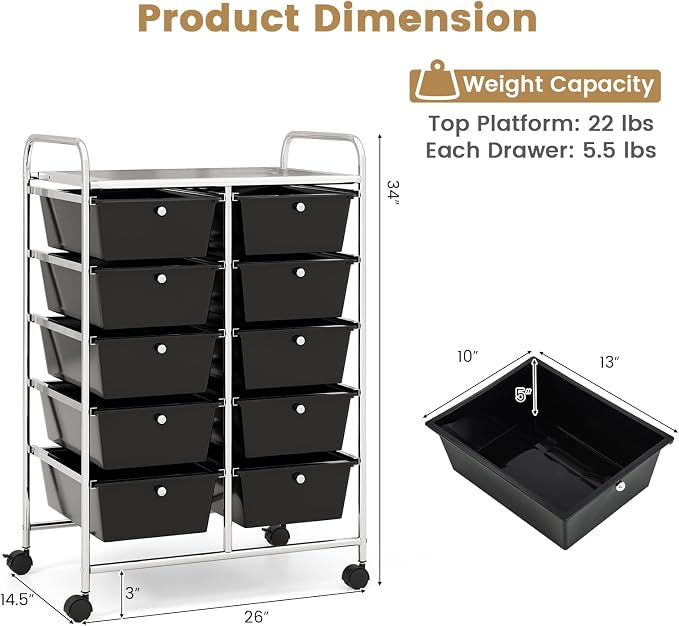 Moccha Rolling Storage Cart with 10 Drawers - Under Desk Storage Drawers with wheels for Craft Art Supply Paper Salon, Storage Drawers Organizer for Classroom Office Movable Utility Cart - Image 3
