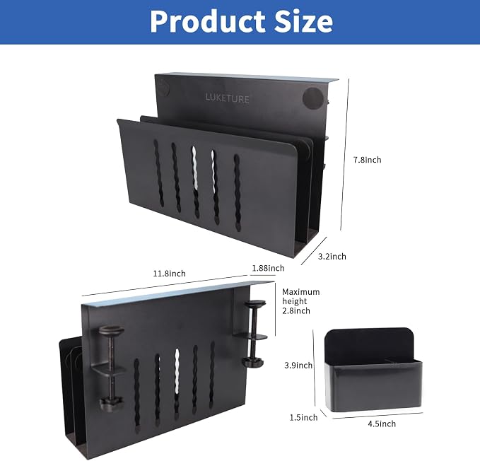 LUKETURE Desk Side Storage, 2 Tie Laptop Holder No Drill Clamp On Organizer | Steel Side Desk Organizer, Clamp on Laptop Mount with Pen Holder, Hanging Storage for Home Office, Fits 0.3" to 2.8" - Image 7
