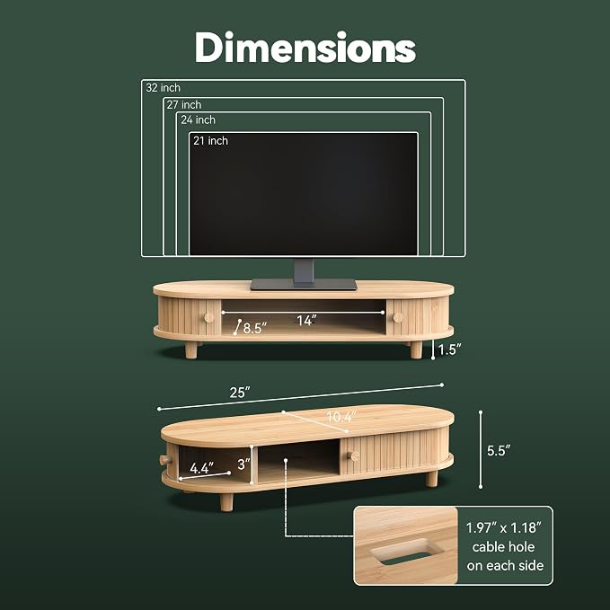 Bamboo Monitor Stand with Storage, 25 Inch Desk Shelf Riser | Curved Computer Laptop Stand Desk Shelf Organizer with Sliding Doors for 47-55 Inch Desk - Image 5