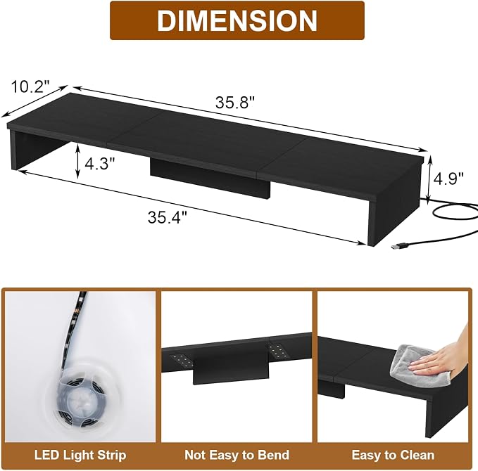 Qupui Dual Monitor Stand Riser for Desk with LED Lights, Large Computer Monitor Stand for 2 Monitors, Desk Shelf for Top of Desk, Desktop Organizer for Computer, Laptop, Printer, TV - Image 4