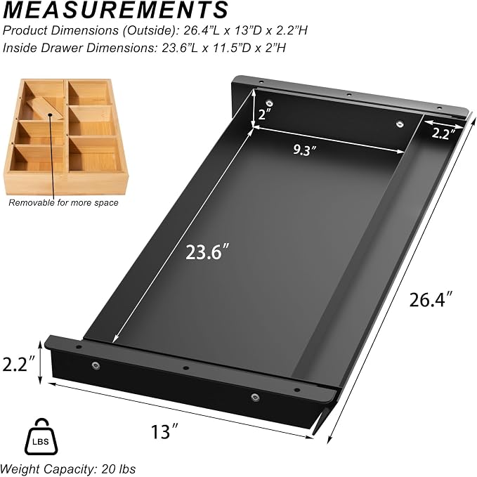 Large Under Desk Mounted Sliding Drawer with Bamboo Tray and 60 Degree Tilt Panel to Pull Out, 26'' Long & 13'' deep Large Storage Organizer for Sit Stand Workstation - Image 2