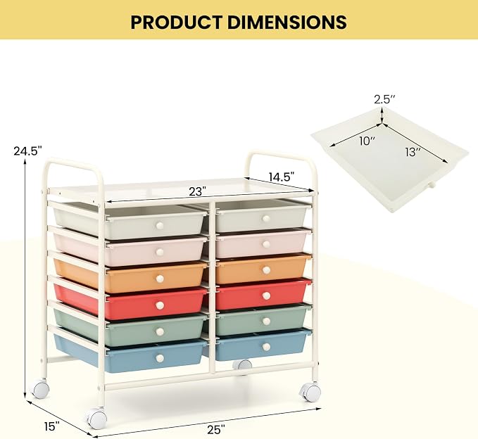 Giantex 12 Drawers Rolling Cart, Mobile Storage Drawer Cart, Classroom Organizer Cart for Office School Supplies Tools Scrapbook Paper Craft Small Printer, Utility Cart on Wheels, Macaron - Image 3