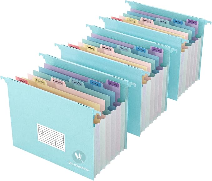 Expanding Hanging File Folders for Filing Cabinet, 7 Accordion Pockets Filing Cabinet Organizer, 1.2'' Expandable, Multi-Color Tabs, Letter Size, 50% Wheat Straw, 3 Pack (Pastel Blue) by Tbay
