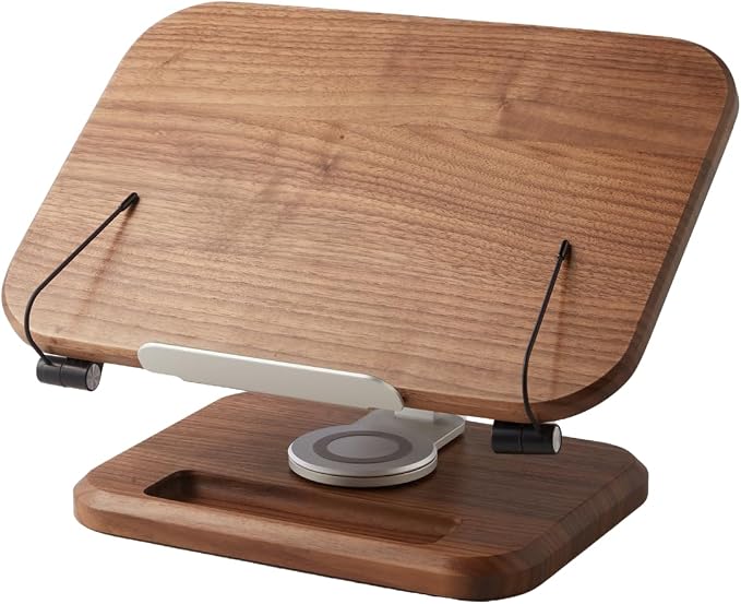Book Stand for Reading, Mayhas Adjustable Book Holder with 360° Swivel Base&Page Clips, Foldable Desktop Stand for Cookbook, Fits All Books (Walnut, Wood Base) by Mayhas
