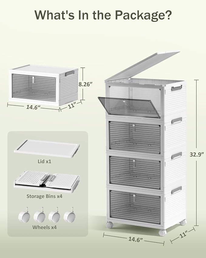 23QT Stackable Storage Bins with Lids and Wheels, 4 Tier 92QT Foldable Plastic Storage Drawers with Magnetic Doors, 4 Pack Collapsible Closet Organizer for Bedroom Office, White - Image 8