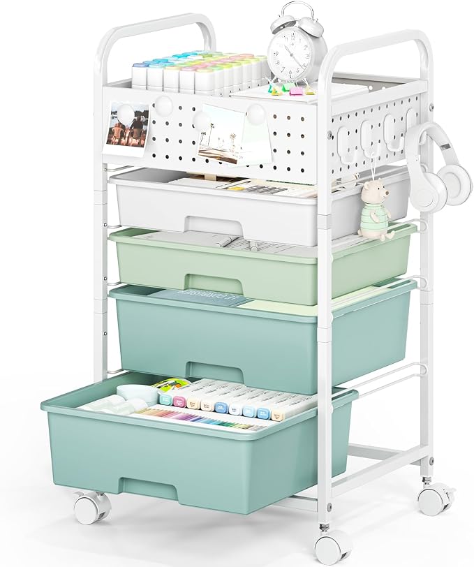 4 Drawer Rolling Storage Cart with Pegboard Top and Hooks, Gradient Green | Mobile Organizer Cart with Wheels for Office Supplies, Craft Storage, Classroom Organization, Home Utility Cart by SYKIARIOL