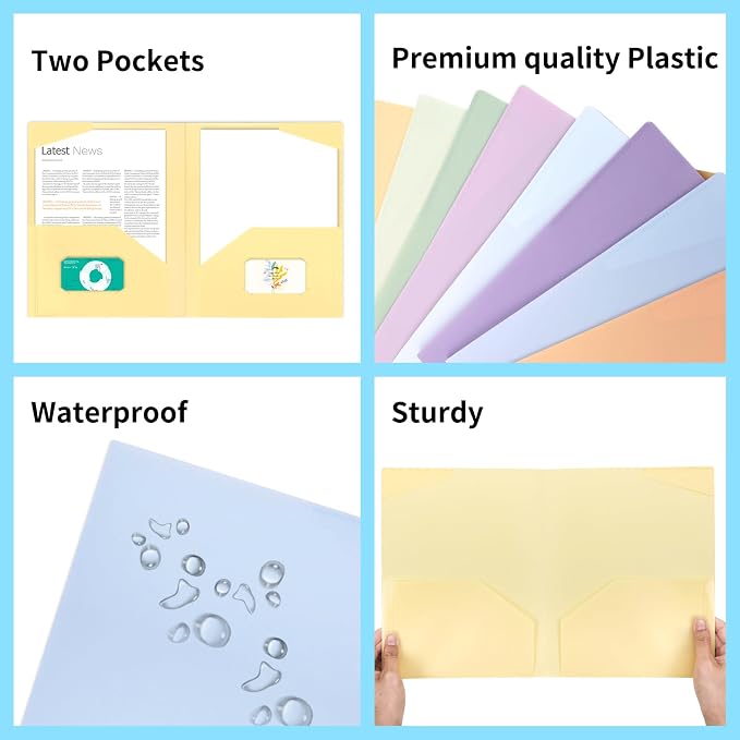 EOOUT 24pcs Plastic Folders with Pockets, Heavy Duty Pocket Folders, 2 Pocket File Folders with 2 Business Card Holder, 8 Colors, Letter Size, A4 Size, for Office School Filing Supplies - Image 5
