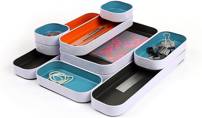 Three by Three Seattle Metal Drawer Organizer Tray Set, 10-Pc (Gray Mix) | Colorful food-safe metal bins; soft non-scratch base; organize utensils, makeup & supplies across every room - Image 4