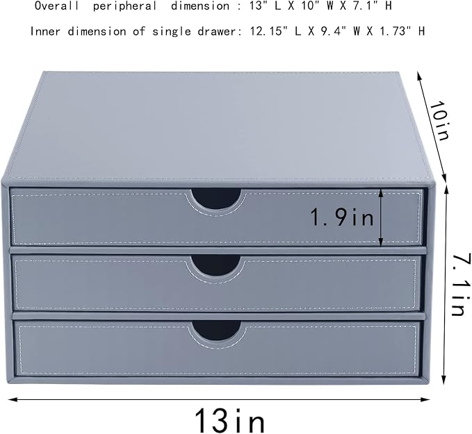 Leather Desk Organizer with 3 Drawers/Tray, Executive Office Supplies Desktop Filing A4 File Cabinet/Holder, Stackable Storage Box Grey (Gray) - Image 4
