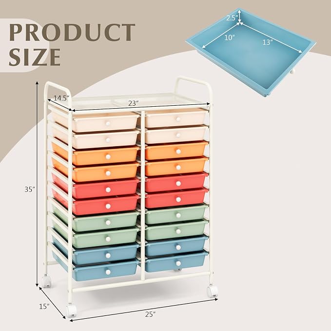 GOFLAME 20-Drawer Rolling Storage Cart, Multifunctional Art Craft Organizer Cart, Mobile Utility Storage Cart with Removable Drawers & Lockable Wheels, Craft Cart for Home Office School, Macaron Color - Image 3