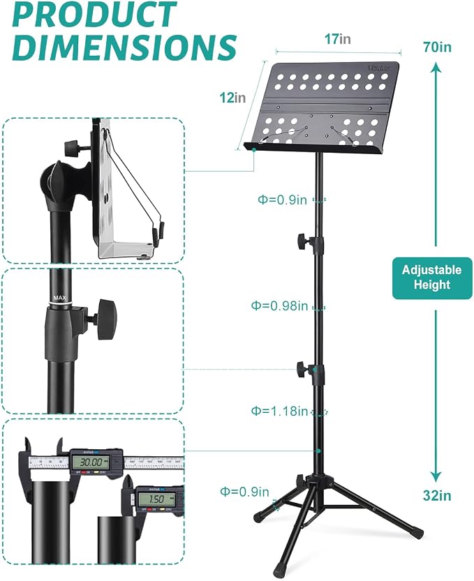 Vekkia 70 - inch Metal Professional Portable Perforated Sheet Music Stand | Folding Adjustable Holder/with Carrying Bag/Sturdy for Instrumental Performance, Band & Travel - Image 2