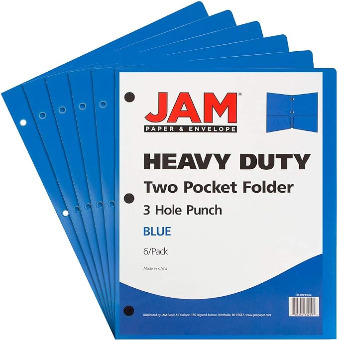 JAM PAPER Heavy Duty Plastic 3 Hole Punch School Folders with Pockets - Blue - 6/Pack - Image 2