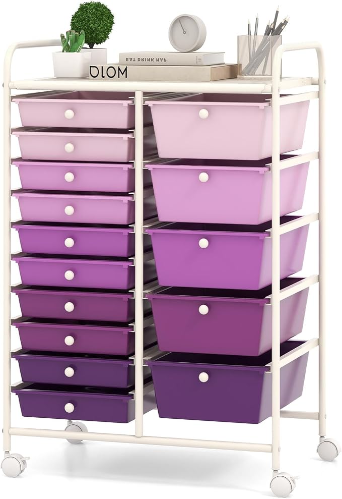 COSTWAY 15 Drawer Rolling Storage Cart, Mobile Storage Organizer | Removable Drawers & Metal Frame, Multipurpose Utility Tools Paper Organizer on Wheels for Home, Office (Purple Gradient) by COSTWAY