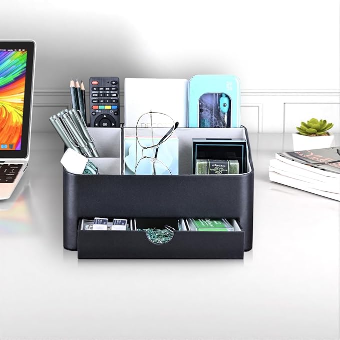 Desk Organizer with Drawer, Multifunction Pencil Holder for Desk, Desk Organizer and Accessories 5 Compartments for Home Office Supplies (Black) - Image 6