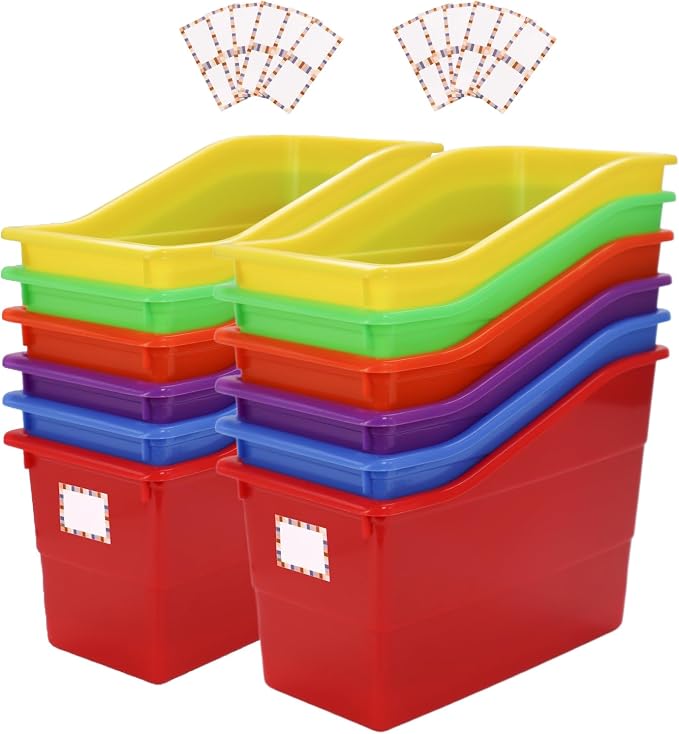 12 Pack Plastic Book Bins Magazine Holders, Rainbow | Durable Plastic Binder Organizers & Vertical Desktop Storage Containers for Office Supplies, School & Home Organization by SKYJORMY