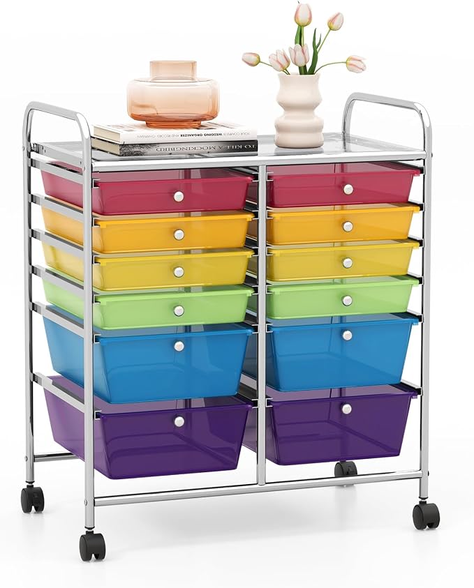 GOFLAME 12-Drawer Rolling Storage Cart, Multipurpose Organizer Cart with 2 Sizes Plastic Drawers, Mobile Utility Cart with Lockable Casters for School, Home Office, Beauty Salon, Rainbow by GOFLAME