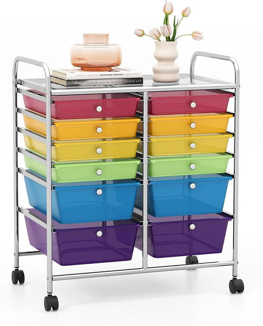 GOFLAME 12-Drawer Rolling Storage Cart, Multipurpose Organizer Cart with 2 Sizes Plastic Drawers, Mobile Utility Cart with Lockable Casters for School, Home Office, Beauty Salon, Rainbow by GOFLAME