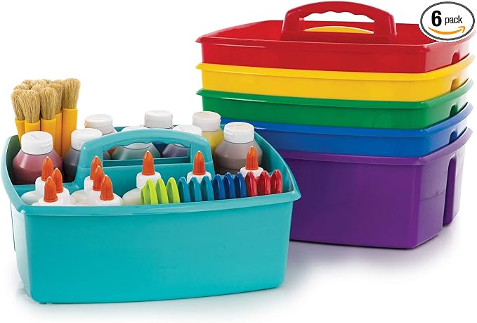 Storex 2-Compartment Large Craft Caddy – Multipurpose Classroom Organizer with Handle, Assorted Colors, 6-Pack (00948A06C) by Storex
