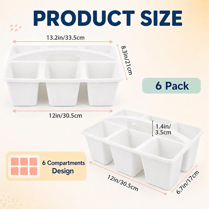 gisgfim 6 Pack Plastic Classroom Caddy with 6-Compartments Plastic Storage Caddies with Handle 6 Compartments Table Caddy Organizer Versatile Table Caddies for Classroom Office Storage, White - Image 2