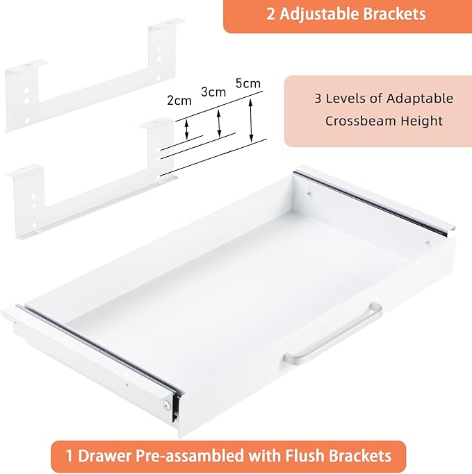 Under Desk Drawer Organizer 21", Large Desk Pencil Storage Drawer | White, Under Cabinet Table, Heavy Duty Pull Out Shelf, Attachable for Workbench, Adjustable Brackets, Work Shop, Desk Lip - Image 3