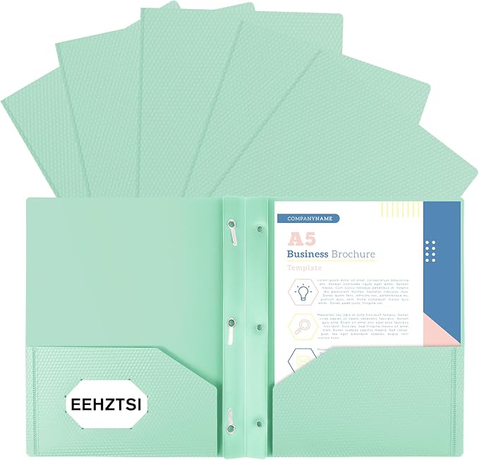 6-Pack Plastic andPockets and Prongs,2-Pocket and3 Fasteners, Pastel Folders Holds 8-1/2" x 11" Paper for School/Office/Home, Green by EEHZTSIOFFICE
