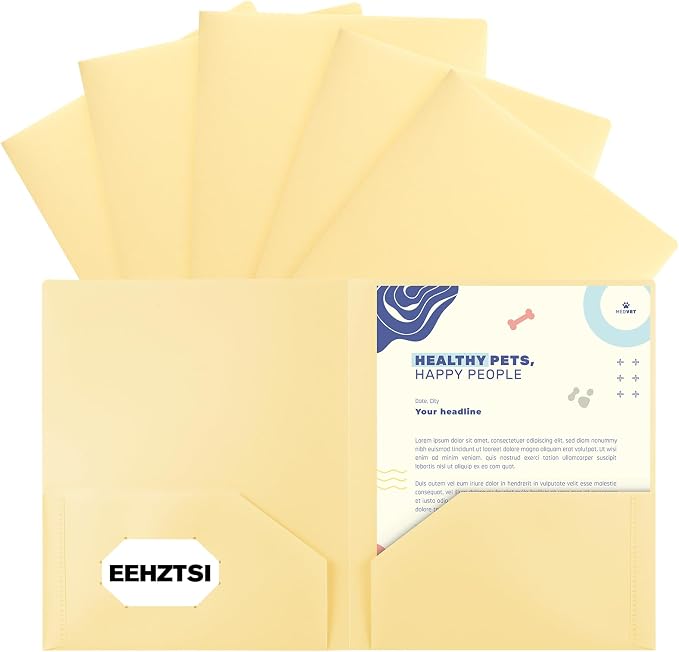 6-Pack Plastic Folders with Pockets,2-Pocket Pastel Folders Holds US Letter Size Paper for School/Office/Home, Yellow by EEHZTSIOFFICE
