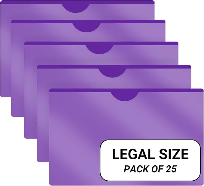 Doctor Stuff- 25 Pack, Vinyl Plastic Pocket File Folders Closed Sides, Legal Size, Clear Front Top Loading Job Jacket, Documents Holder for Office, High School and Medical Files, Purple by DoctorStuff
