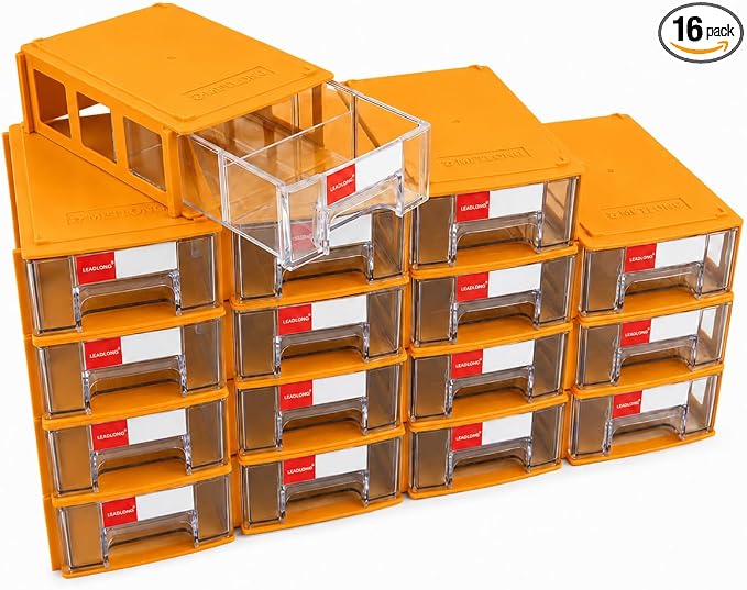 16pc Stackable Plastic Storage Drawers Mini Desk Organizer Yellow | Versatile mini desktop storage box 5.5x3.4x1.6", perfect for garage, home, school and office craft organization. by LEADLOONG