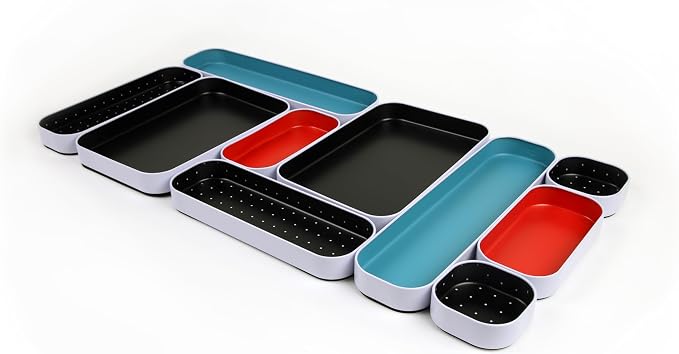 Three by Three Seattle Metal Drawer Organizer Tray Set, 10-Pc, 1" (Multi) | Colorful food-safe metal bins; soft non-scratch base; organize utensils, makeup & supplies across every room by ThreebyThreeSeattle