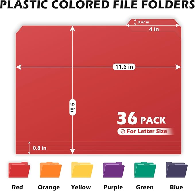 TOTiyea Heavy Duty Plastic File Folders with Tabs 14mil 36 Pack Letter Size | Colored Poly File Folders with Strong Sticky Labels, Expandable Manila, for Hanging File System Office School Organization - Image 8