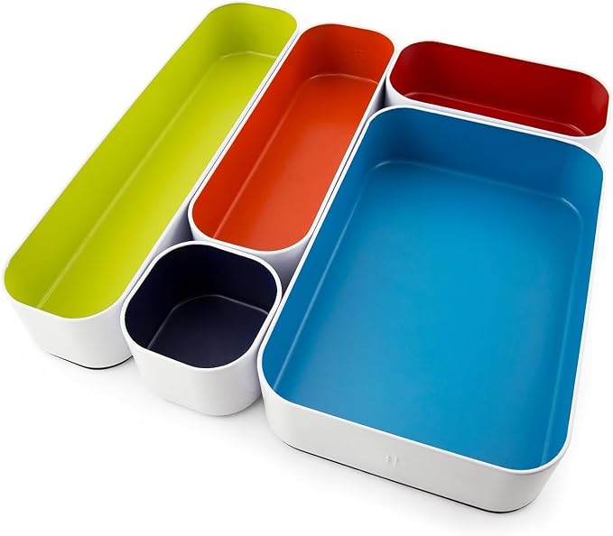 Three by Three Seattle Metal Drawer Organizer Tray Set, 5-Pc, 2" (Assorted) | Deep 2" food-safe metal bins; soft non-scratch base; perfect for kitchen utensils, tools & bulkier drawer items by ThreebyThreeSeattle