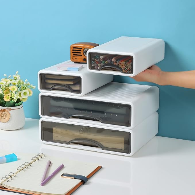 White Desktop Drawer Organizer Unit for Office Paper and Supplies | White, 2 Large & 2 Small Drawers, Plastic Desk Organizer with Mini Drawers, Makeup Organizer, Kitchen Countertop Organizer - Image 5