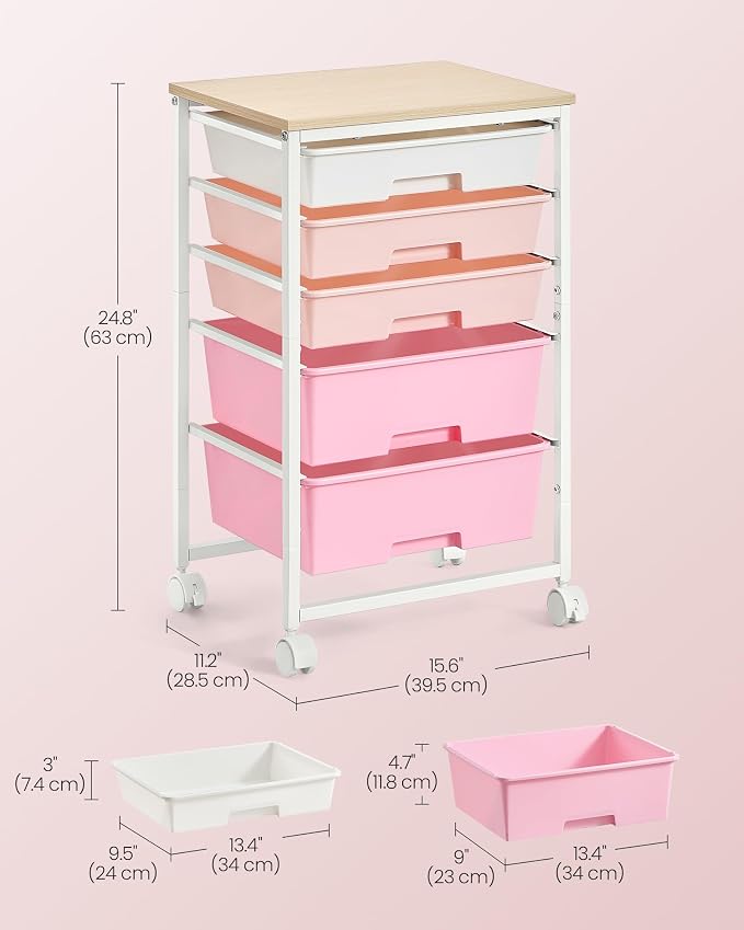 VASAGLE 5-Drawer Rolling Storage Cart, Mobile Organizer Trolley with Wood Top and Metal Frame, for Craft Room, Office, 15.6 x 11.2 x 24.8 inch, Pink, BENCO Collection ULRC005S101 - Image 3