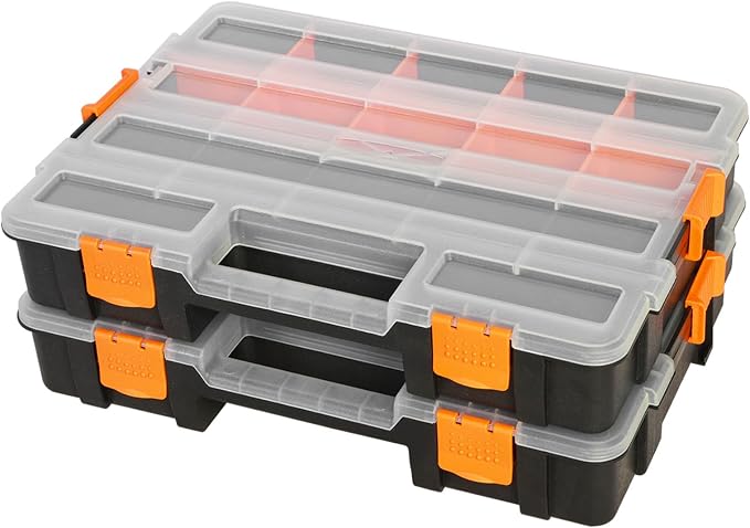 Jack Boss Tool Box with Transparent Lid, Single Side 17-Compartments Organizer Box with Removable Dividers for Hardware, Screws, Bolts, Nails, Beads, Jewelry and Fishing Accessories, Orange, 2 Pack by JACKBOSS