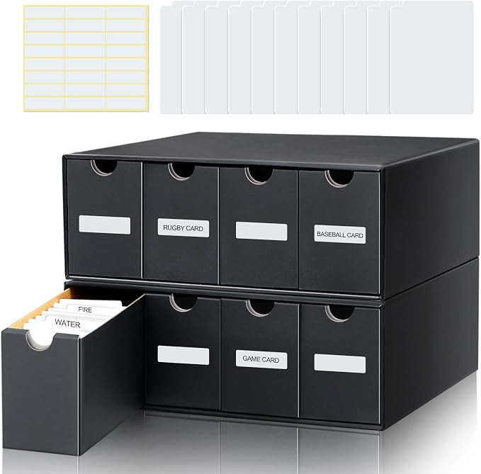 Cholemy Trading Card Storage Box Card Organizer 15000+ with 70 Cardboard Storage Divider, Label Sticker for Collection Compatible with Tcg, Sport Cards(2 Row, 4 in A Row,Black) by Cholemy