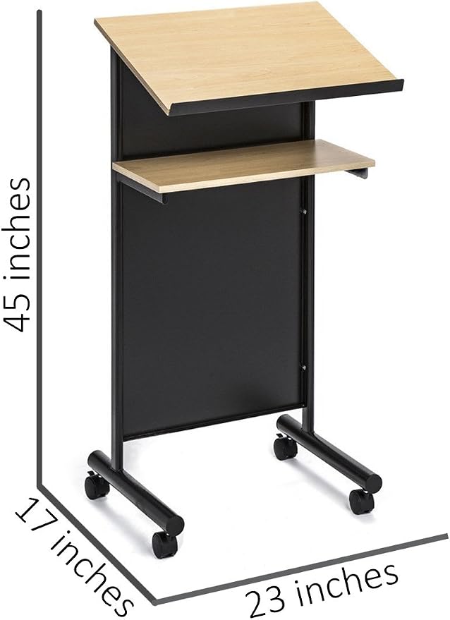 Wheeled Lectern - Standing Desk with Storage Shelf - Beech/Black - Ideal for Presentations and Laptop Use - Image 3