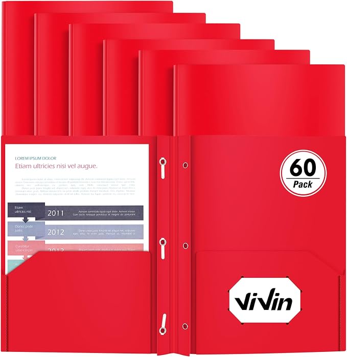 Heavy Duty Plastic Folder, 60 Pack, Pocket Folder with brads, Letter Size Poly File, Plastic Folders with 3 Prongs Fasteners - Red by ViVin