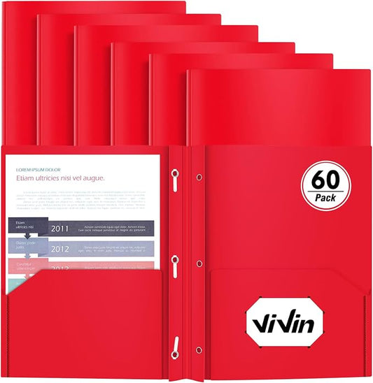 Heavy Duty Plastic Folder, 60 Pack, Pocket Folder with brads, Letter Size Poly File, Plastic Folders with 3 Prongs Fasteners - Red by ViVin
