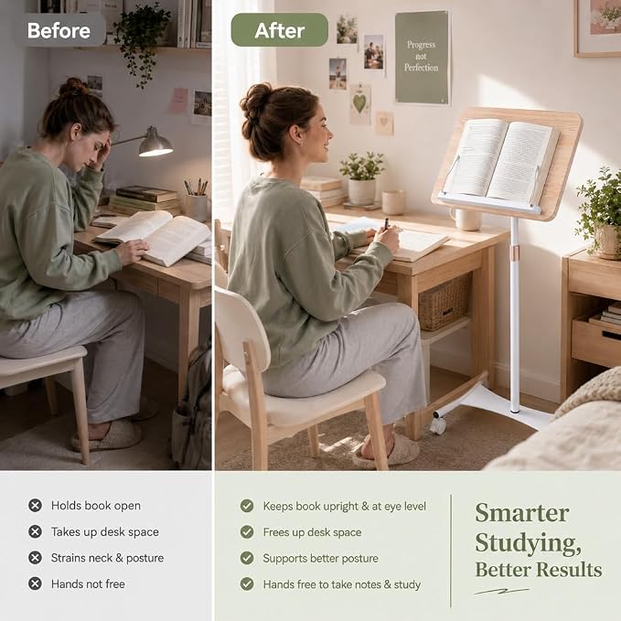 Rolling Floor Book Stand with Wheels, Reading Stand Book Holder | 16.5 x 11.8 in large panel | 19–57 in height adjustable| 360° angle | Lockable wheels | For books, sheet music, laptop - Image 3